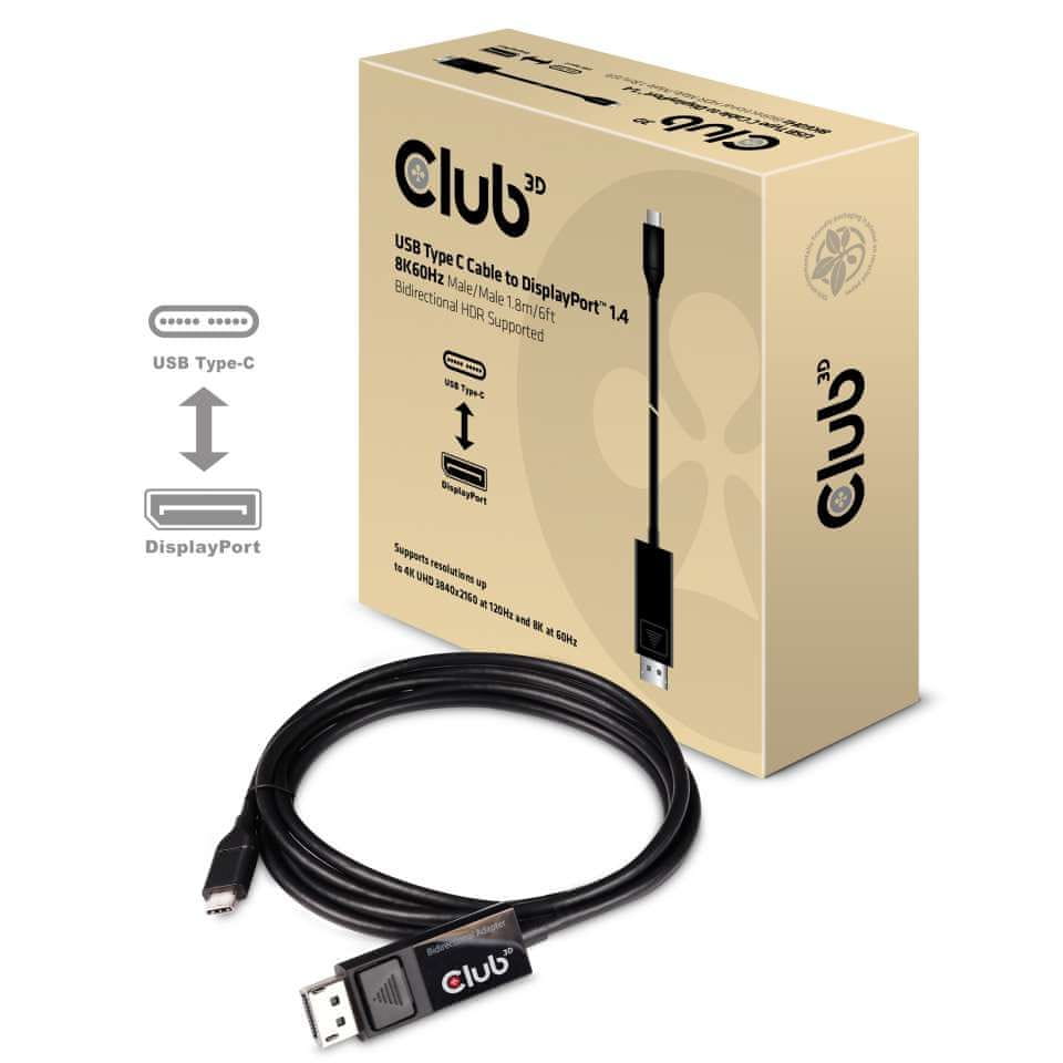 Club 3D Kábel USB Typ C na DisplayPort 1.4 8K 60Hz (M/M), 1,8m
